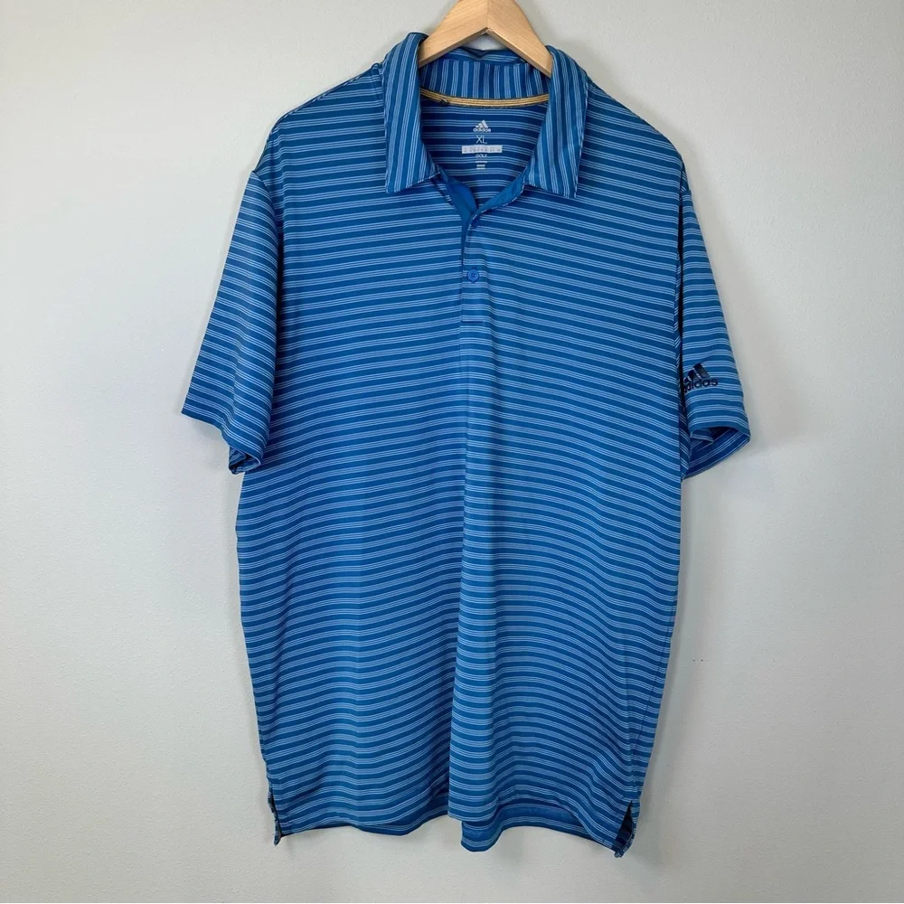 Adidas Men's Golf Blue Striped Polo Shirt Breathable Button Collared Lightweight